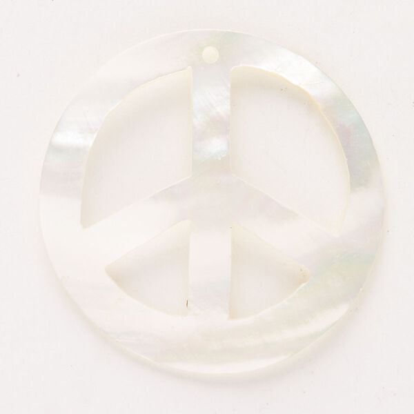 Focal, mother-of-pearl shell (bleached), 50-51mm domed peace sign, Mohs hardness 3-1/2. Sold individually. image number 0