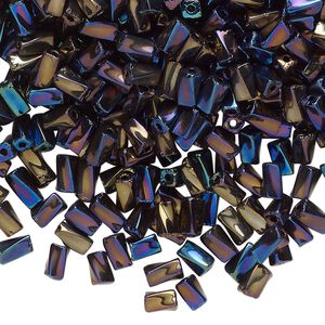 Bugle bead, glass, opaque jet AB, 5x2mm twisted tube. Sold per 50-gram pkg, approximately 1,160 beads.