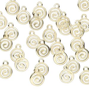 Drop, gold-plated brass, 7mm round with open swirl. Sold per pkg of 100.