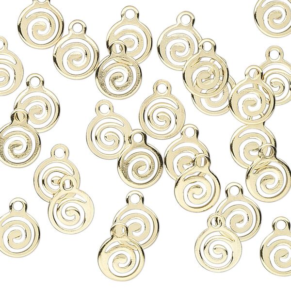 Drop, gold-plated brass, 7mm round with open swirl. Sold per pkg of 100. image number 0
