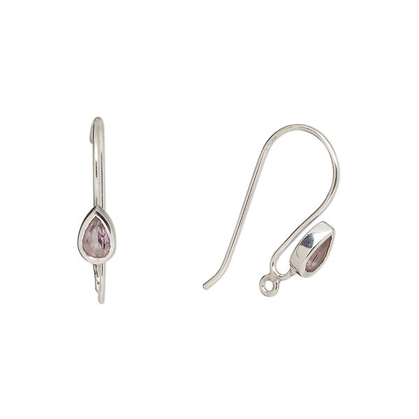 Ear wire, amethyst (natural) and sterling silver, 16mm fishhook with 6x4mm teardrop and closed loop, 22 gauge. Sold per pair. image number 0