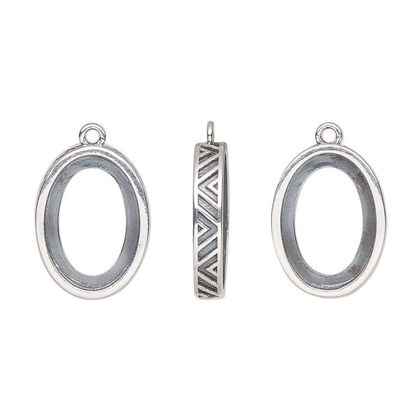 Drop, antiqued sterling silver, 16x12mm oval with 14x10mm oval setting and chevron design with open back. Sold individually. image number 0