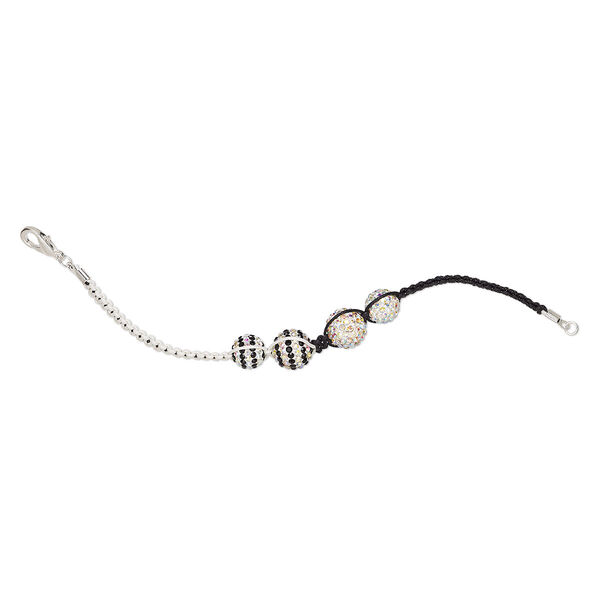 Bracelet, One of a Kind Jewelry, cotton / glass rhinestone / resin, black / white / clear, 7-1/2 inches with lobster claw clasp. Only one available. image number 0