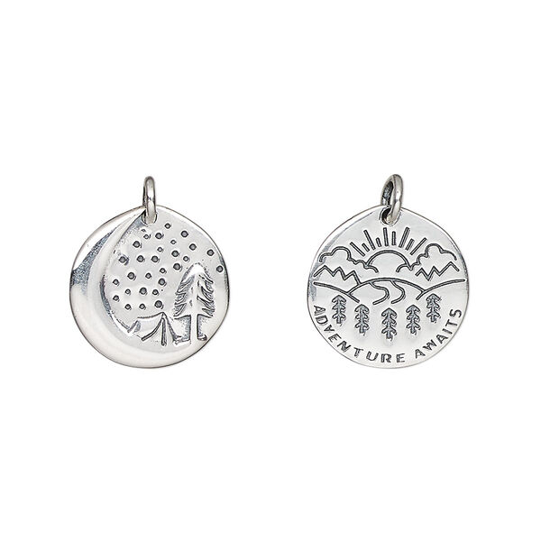 Drop, antiqued sterling silver, 13mm 2-sided flat round with moon / tent / tree and sun / hills / trees and "ADVENTURE AWAITS." Sold individually. image number 0