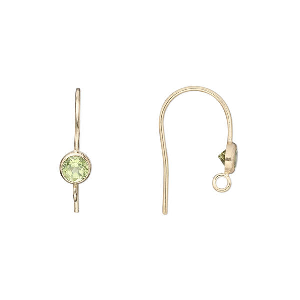 Ear wire, peridot (natural) and 14Kt gold-filled, 4mm faceted round, 15mm fishhook with open loop, 21 gauge. Sold per pair. image number 0