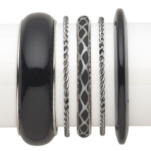 Bracelet mix, bangle, plastic with silver- and gunmetal-finished steel, silver and black, 3-22.5mm wide with mixed design, 8 to 8-1/2 inches. Sold per 5-piece set.