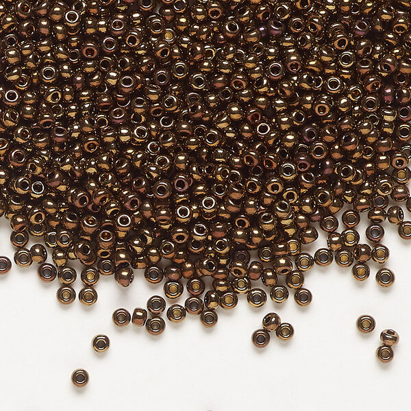 Seed bead, Preciosa Ornela Czech glass, pkg/500g, #11 rocaille, opaque golden bronze copper iris black, (59145). image number 0