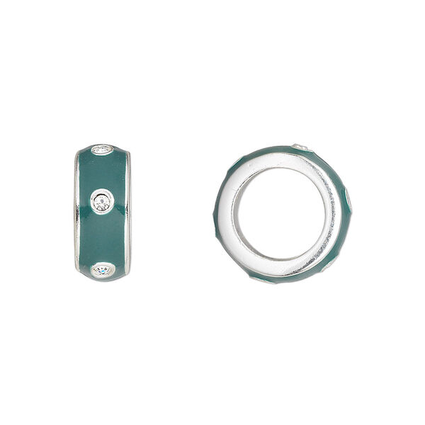 Bead, Dione®, enamel / crystals / silver-plated "pewter" (zinc-based alloy), green and crystal clear, 14x5.5mm rondelle with 9.5mm hole. Sold individually. image number 0