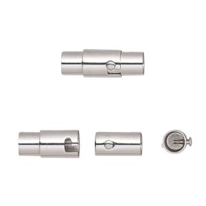 Clasp magnetic 1pkg1, 18x6mm locking round tube / fits 4mm cord, stainless steel 1-strand