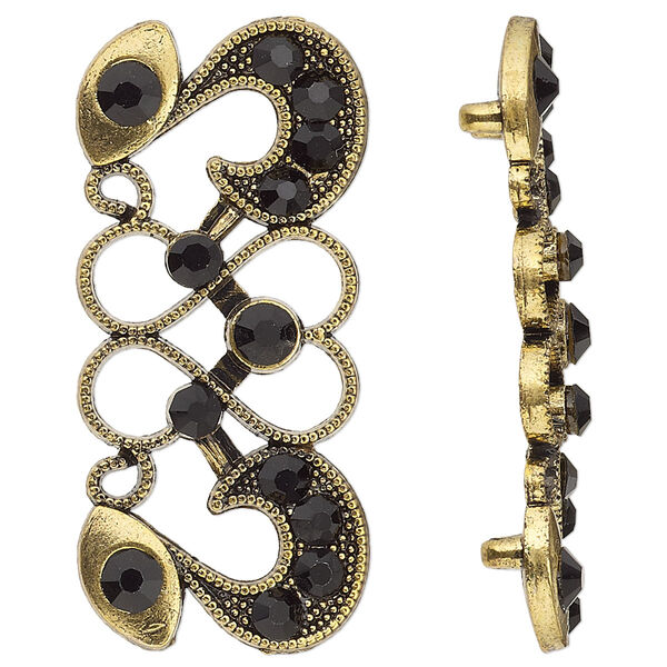 Spacer, antiqued gold-finished "pewter" (zinc-based alloy) and Czech glass rhinestone, black, 40x19mm 2-strand fancy rectangle with heart and swirl design. Sold per pkg of 4. image number 0