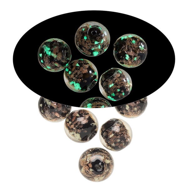 Bead, lampworked glass, clear / black / glow-in-the-dark / gold, 10mm round. Sold per pkg of 6. image number 0