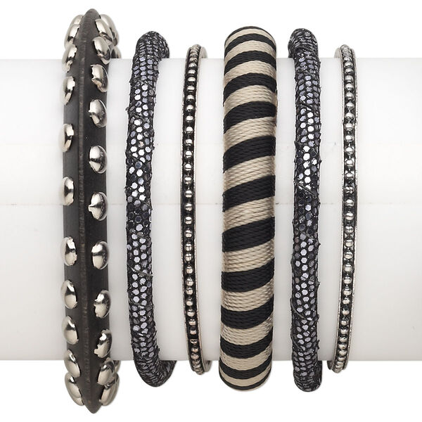 Bracelet mix, bangle, wood (dyed) / plastic / polyester / antiqued silver-finished steel, black and silver, 3-10.5mm wide with mixed design, 8 inches. Sold per 6-piece set. image number 0