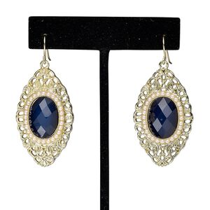 Earring, acrylic / acrylic pearl / gold-finished steel / "pewter" (zinc-based alloy), lapis blue and white, 2 inches with marquise and fishhook ear wire. Sold per pair.
