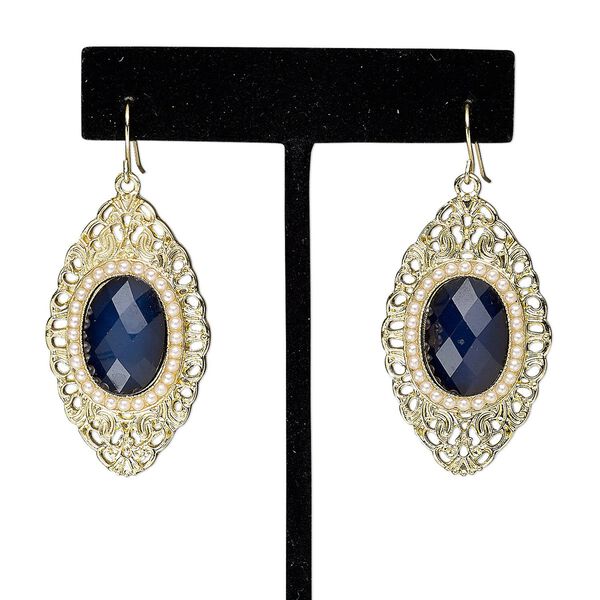 Earring, acrylic / acrylic pearl / gold-finished steel / "pewter" (zinc-based alloy), lapis blue and white, 2 inches with marquise and fishhook ear wire. Sold per pair. image number 0