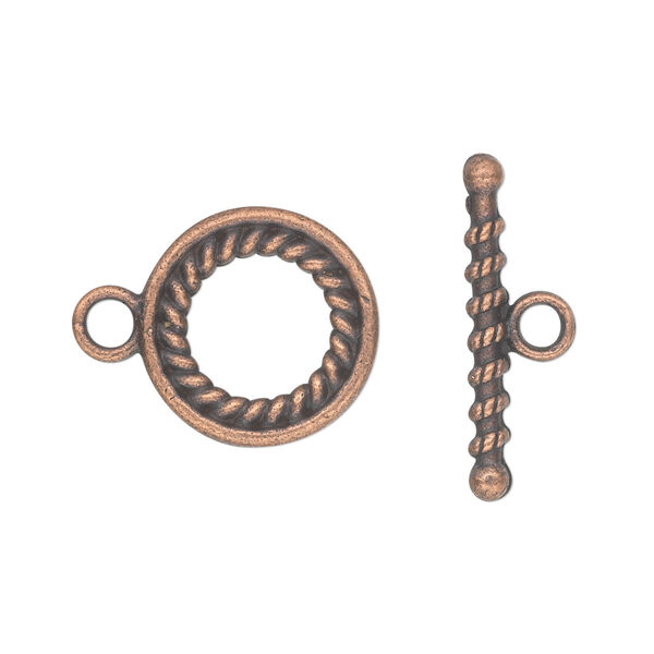 Clasp, toggle, antique copper-plated "pewter" (zinc-based alloy), 16mm double-sided round with rope design. Sold per pkg of 10. image number 0