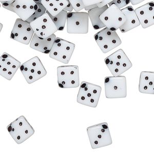 Bead, acrylic, opaque white and black, 6mm diagonally drilled six-sided dice, approximately 8mm stringing length. Sold per pkg of 200.