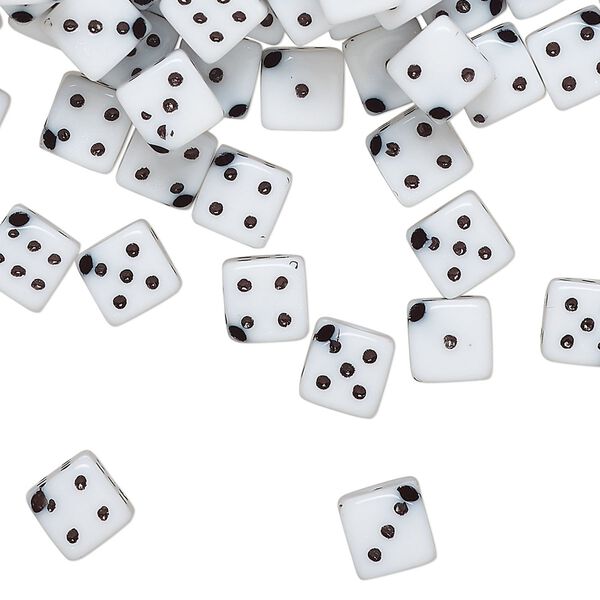Bead, acrylic, opaque white and black, 6mm diagonally drilled six-sided dice, approximately 8mm stringing length. Sold per pkg of 200. image number 0