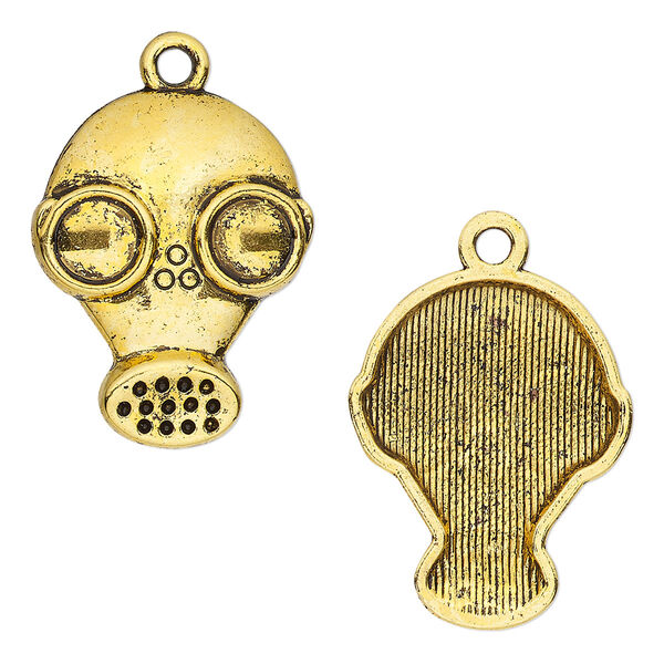 Charm, antique gold-finished "pewter" (zinc-based alloy), 24x19mm single-sided gas mask. Sold per pkg of 4. image number 0