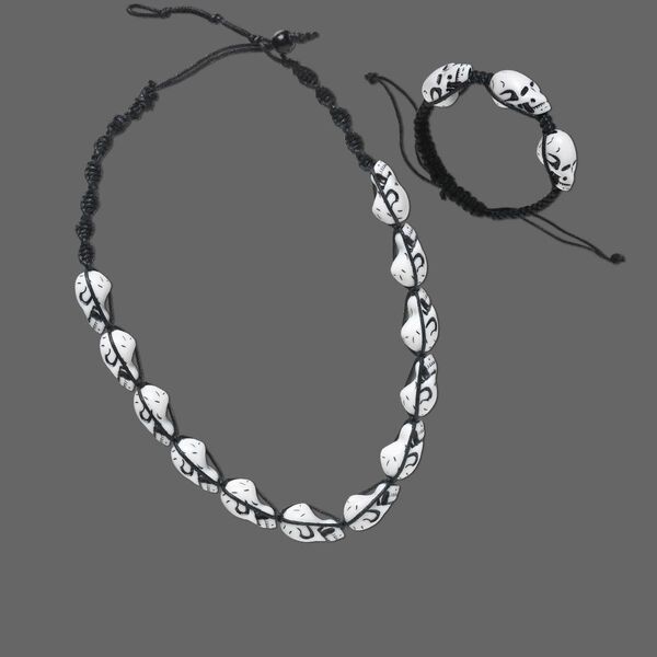 Necklace and bracelet, wood (dyed) / waxed cotton cord / acrylic, black and white, skull, 20-inch necklace with button-style clasp and 6-1/2 to 10-inch bracelet with button-style clasp. Sold per set. image number 0