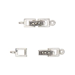 Clasp fold-over 1pkg1 sterling silver / marcasite (natural), 16x5mm rectangle / closed loop, antiqued 1-strand