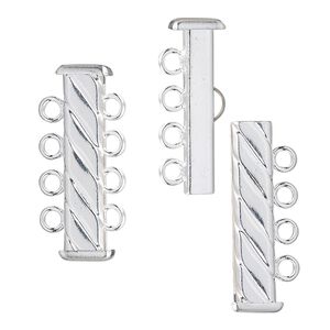 Clasp slide lock 1pkg4 silver-plated, 26x7mm corrugated rectangle tube, brass 4-strand