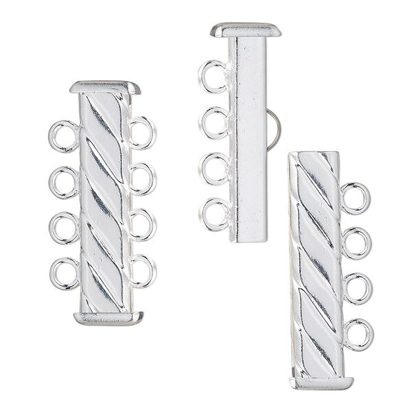 Clasp, 4-strand slide lock, silver-plated brass, 26x7mm corrugated rectangle tube. Sold per pkg of 4. image number 0