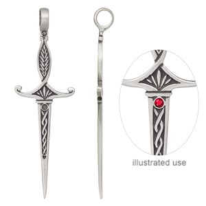 Pendant, antiqued pewter (tin-based alloy), 3-1/2 x 1-inch sword with 2.5mm round setting. Sold individually.