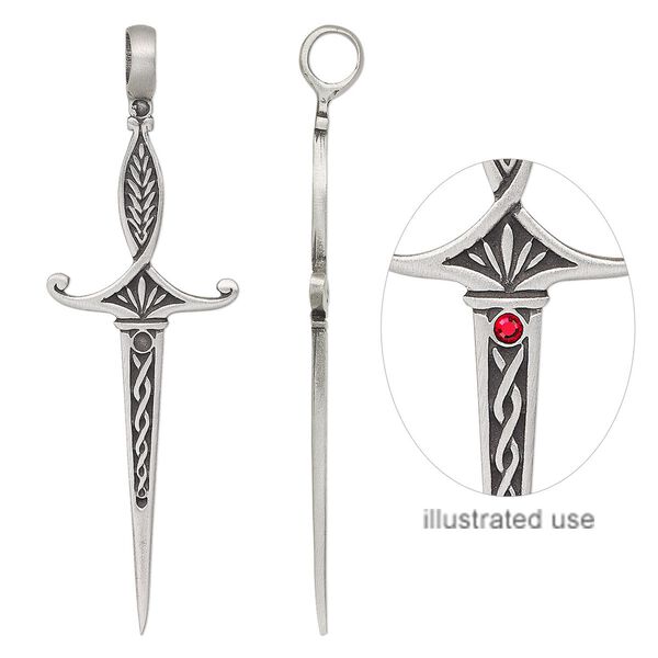 Pendant, antiqued pewter (tin-based alloy), 3-1/2 x 1-inch sword with 2.5mm round setting. Sold individually. image number 0