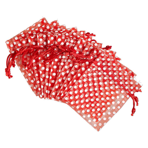 Pouch, organza, red and white, 4x3 inches with dots pattern and drawstring closure. Sold per pkg of 12. image number 0