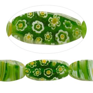 Bead, millefiori glass, translucent green / yellow / white, 20x10mm-21x10mm 4-sided twisted oval with 0.6-0.8mm hole. Sold per 15-inch strand.