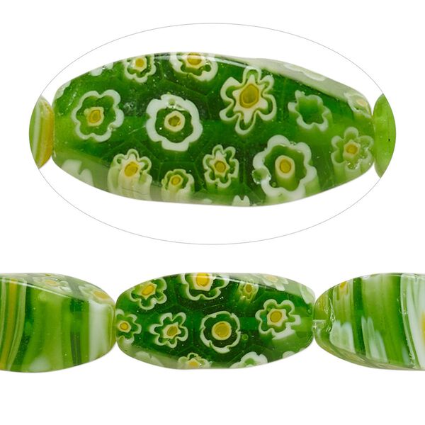 Bead, millefiori glass, translucent green / yellow / white, 20x10mm-21x10mm 4-sided twisted oval with 0.6-0.8mm hole. Sold per 15-inch strand. image number 0