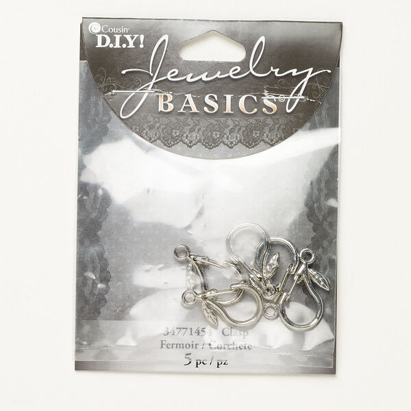 Clasp, lobster claw, silver-finished "pewter" (zinc-based alloy) and steel, 22x12mm with leaf. Sold per pkg of 5. image number 0