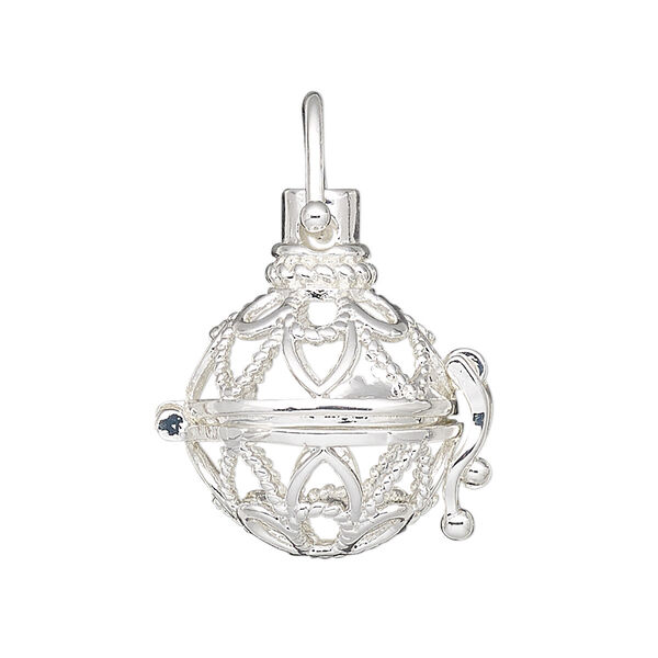 Drop, silver-finished brass, 24x18.5mm round bead cage with fancy cutout design and safety latch, fits 14mm round bead. Sold individually. image number 0