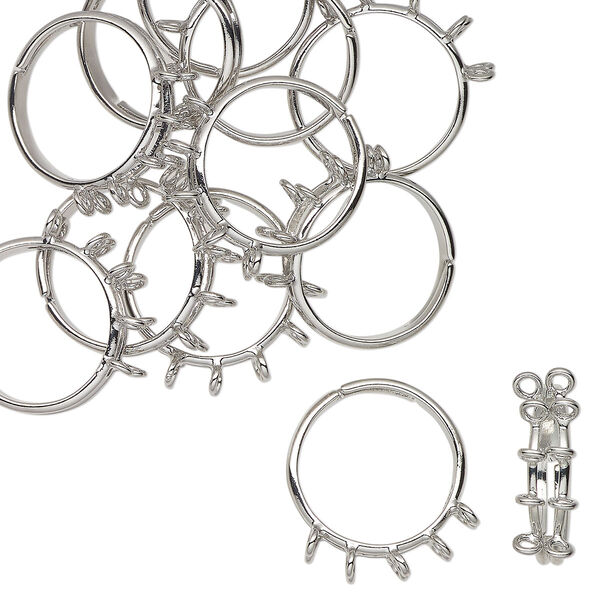 Ring, silver-finished brass, adjustable, 7mm width with 10 loops. Sold per pkg of 12. image number 0