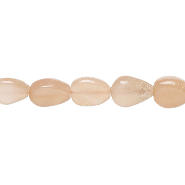 Bead, peach moonstone (natural), 8x6mm-12x8mm hand-cut puffed teardrop with 0.4-1.4mm hole, B+ grade, Mohs hardness 6 to 6-1/2. Sold per 8-inch strand, approximately 20 beads. image number 0