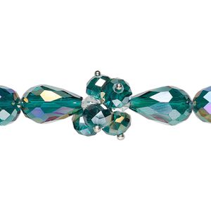 Bead, glass and silver-finished brass, translucent dark green AB and clear, 4mm faceted bicone / 8x6mm faceted rondelle / 15x10mm faceted teardrop. Sold per 8-inch strand.