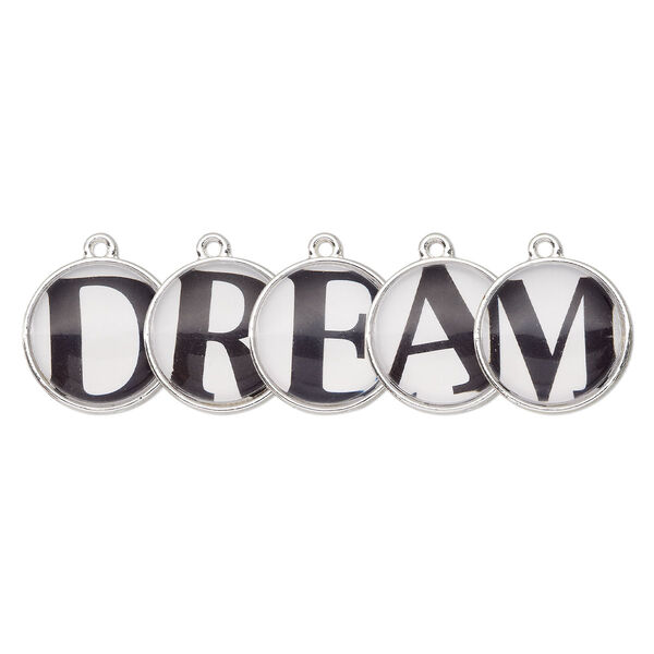 Drop, silver-finished "pewter" (zinc-based alloy) and plastic, black and white, 20mm single-sided domed flat round with "DREAM." Sold per 5-piece set. image number 0