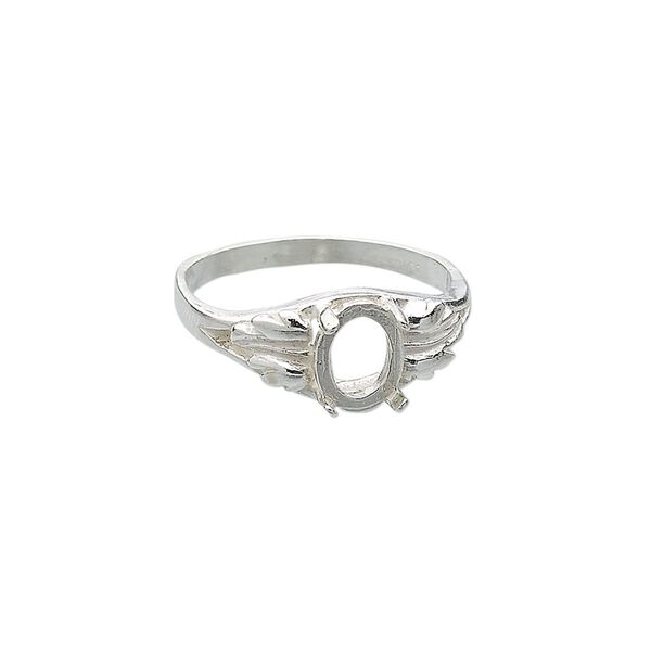 Ring, Sure-Set™, sterling silver, two-leaf band with 8x6mm 4-prong oval setting, size 6. Sold individually. image number 0