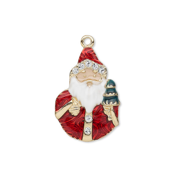 Charm, enamel and gold-finished "pewter" (zinc-based alloy), multicolored with glitter, 24x16mm single-sided Santa Claus with Christmas tree. Sold individually. image number 0