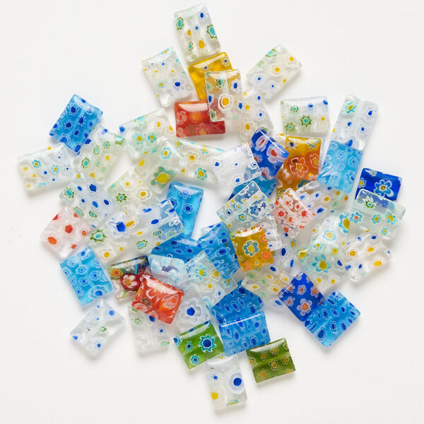 Bead mix, millefiori glass 1pkg2oz, translucent and transparent mixed colors, 11x10mm-14x10mm puffed rectangle. image number 0