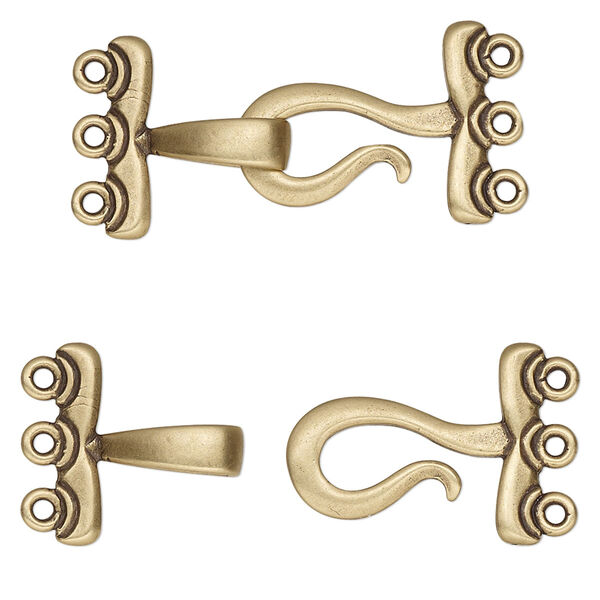 Clasp, JBB Findings, 3-strand hook-and-eye, antiqued brass, 28x15mm. Sold individually. image number 0