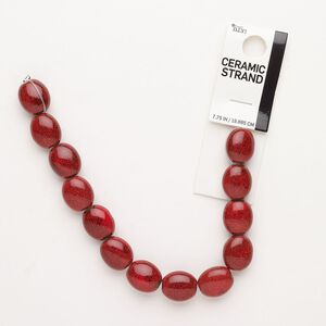 Bead, ceramic, pkg/7 inches, red, 15x13mm puffed oval.