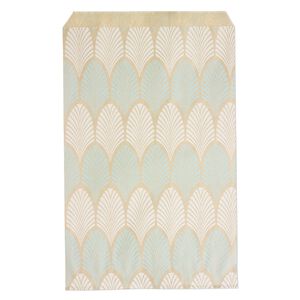 Bag, paper, brown, white and blue, 9x6 inch rectangle with leaf-print and scalloped top edge. Sold per pkg of 100.