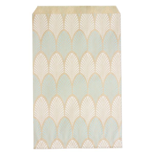 Bag, paper, brown, white and blue, 9x6 inch rectangle with leaf-print and scalloped top edge. Sold per pkg of 100. image number 0