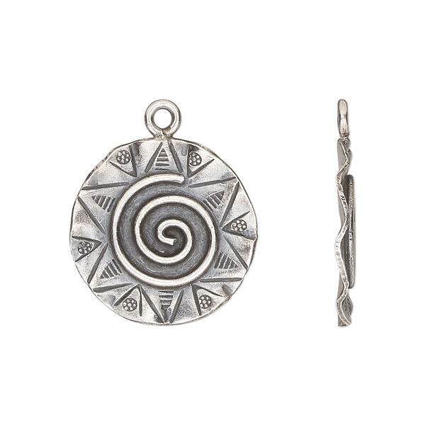 Drop, Hill Tribes, antiqued sterling silver, 19mm single-sided wavy round with swirl pattern and star design. Sold individually. image number 0