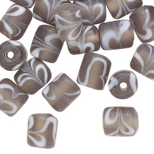 Bead, frosted glass, translucent grey and white, 10x9mm round tube with swirl design. Sold per pkg of 40 beads.