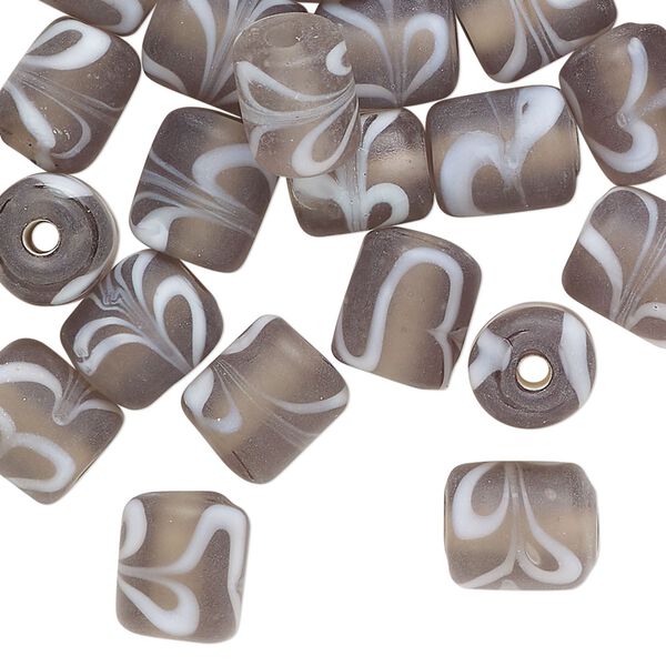 Bead, frosted glass, translucent grey and white, 10x9mm round tube with swirl design. Sold per pkg of 40 beads. image number 0