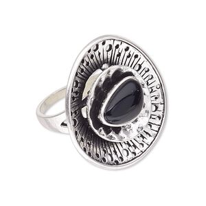Ring, resin and antique silver-plated "pewter" (zinc-based alloy), black, 29mm freeform round, size 8. Sold individually.