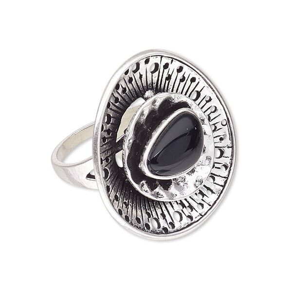 Ring, resin and antique silver-plated "pewter" (zinc-based alloy), black, 29mm freeform round, size 8. Sold individually. image number 0