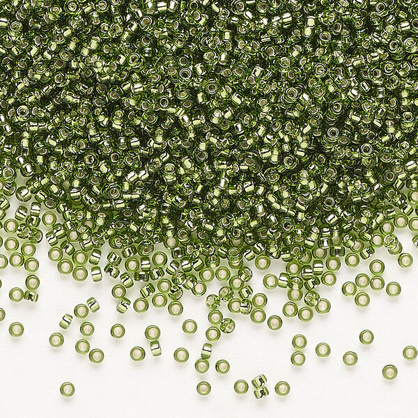 Seed bead, Miyuki, glass, pkg/35g, #15 rocaille, transparent silver-lined olive green (RR-26). image number 0